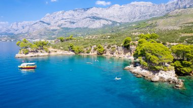 Çamların arasından Makarska / Tucepi sahilinin güzel bir manzarası. Dalmaçya, Hırvatistan.