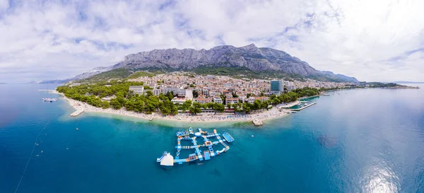 stock image Aerial panorama of beautiful Rajska beach on the Rab island in Croatia. Paradise beach on the island of Rab in Croatia - the largest sandy beach in Lopar.