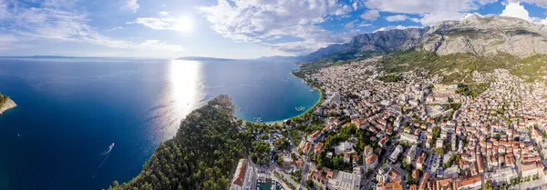 stock image Makarska. Tourist city of Makarska waterfront aerial view, Dalmatia archipelago of Croatia