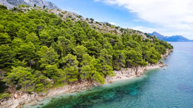 Makarska Riviera kilise kulesi ve kıyı manzaralı Hırvatistan 'ın Dalmaçya bölgesindeki Igrane köyü