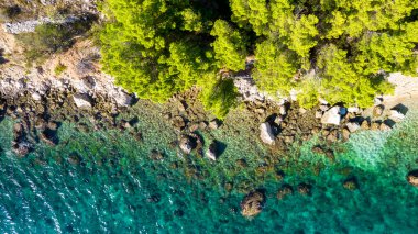 Hırvatistan. Kumsaldaki hava manzarası ve insanlar. Tatil ve rahatlama. Kumsal ve mavi su. Kumsaldaki ve gök mavisi denizdeki İHA 'nın üst görüntüsü. Seyahat ve tatil
