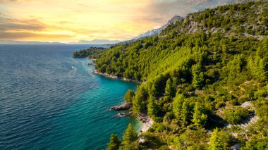 Hırvatistan 'ın Dalmaçya kentinin Brela kasabası yakınlarındaki güzel sahil. Makarska Riviera, Avrupa 'nın ünlü simgesi ve turistik beldesi