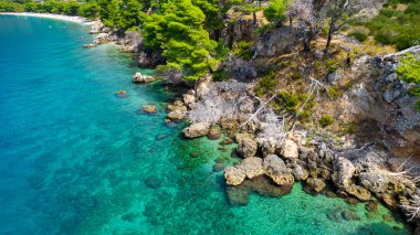 güzel masmavi mavi Akdeniz sahil Hırvatistan yeşil ağaçları ile çevrili