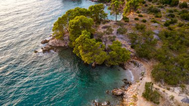 güzel masmavi mavi Akdeniz sahil Hırvatistan yeşil ağaçları ile çevrili