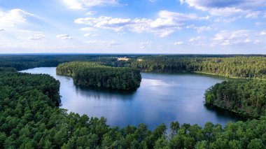 Sabah nehir ve yeşil ormanın üzerindeki eski kasabanın hava manzarası. Lubniewice, Polonya 'nın yaz arkaplanı.
