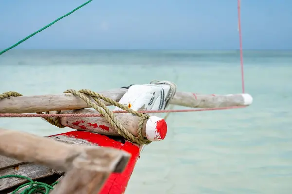 Wooden Boat Anchored African Shore Zanzibar Clear Ocean Water — Fotografia de Stock