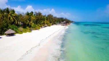 Aerial view of umbrellas, palms on the sandy beach of Indian Ocean at sunny day. Summer holiday in Zanzibar, Africa. Tropical landscape with palm trees, parasols, boats, yachts, blue water. Top view