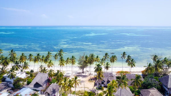 Aerial View Umbrellas Palms Sandy Beach Indian Ocean Sunny Day — Stockfoto