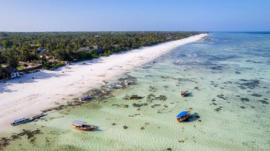 Zanzibar looks like paradise in this drone shot, with a beautiful beach and wooden boats left behind at low tide.
