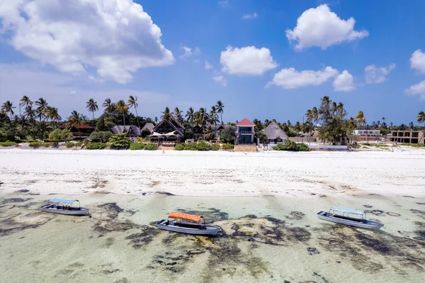 Zanzibar Looks Paradise Drone Shot Beautiful Beach Wooden Boats Left — Stockfoto