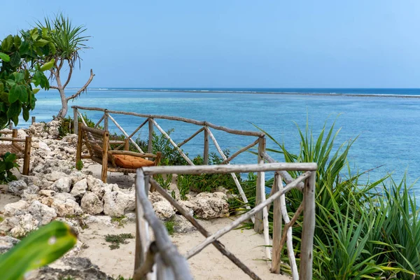 Handcrafted Wooden Chair Zanzibar Rooftop Terrace Stunning Views — Stockfoto