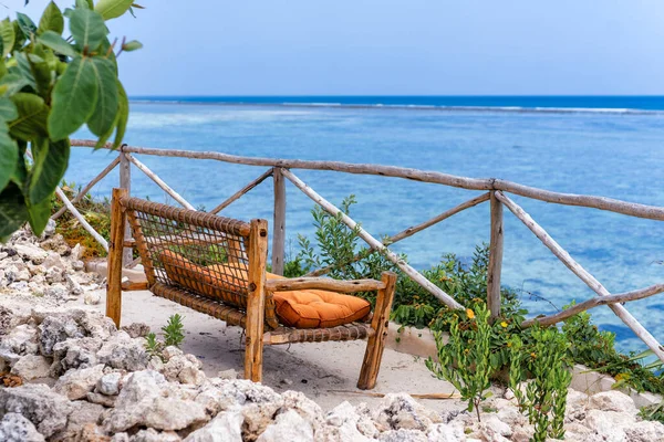 Handcrafted Wooden Chair Zanzibar Rooftop Terrace Stunning Views — Stockfoto