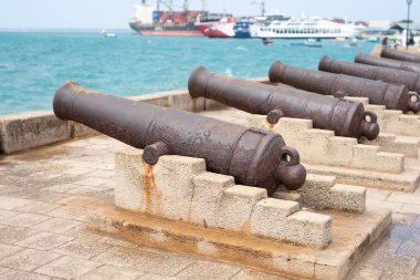 Cannons in Stone Town, Zanzibar, are a reminder of its dark history of slavery. These relics serve as a somber reminder of the island's past.