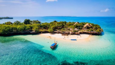 Zanzibar 'ın kumsalının bu drone görüntüsü, palmiye ağaçları, beyaz kum ve kristal berrak sularıyla tropik bir cennettir..