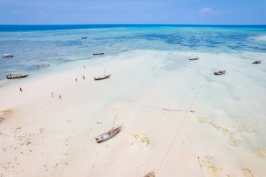 This drone shot of Nungwi Beach in Zanzibar captures the incredible beauty of the shoreline, with crystal-clear waters and golden sand providing a picture-perfect view.