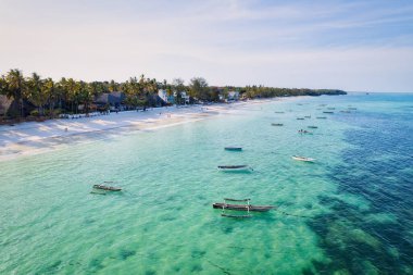 Relax on the white sand beach in Kiwengwa village on Zanzibar while admiring a Dhow catamaran sailboat gently gliding through the crystal-clear waters.