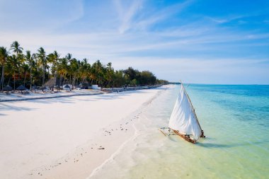 Relax on the white sand beach in Kiwengwa village on Zanzibar while admiring a Dhow catamaran sailboat gently gliding through the crystal-clear waters.