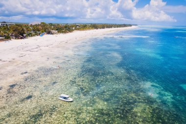 Relax on the white sand beach in Kiwengwa village on Zanzibar while admiring a Dhow catamaran sailboat gently gliding through the crystal-clear waters.