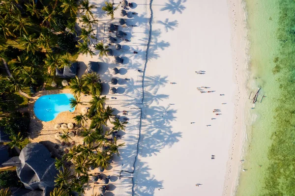 Get lost in the beauty of Zanzibar's idyllic palm-fringed beach and shimmering blue ocean in this captivating drone photo, the perfect inspiration for your next travel adventure.