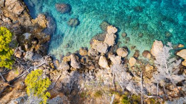 A drone captured the stunning aerial view of Croatia's coastal area, which features crystal-clear blue water and lush forests on land.