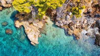 A drone captured the stunning aerial view of Croatia's coastal area, which features crystal-clear blue water and lush forests on land.