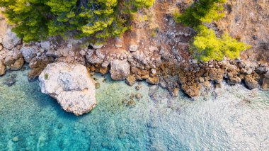 A drone captured the stunning aerial view of Croatia's coastal area, which features crystal-clear blue water and lush forests on land.