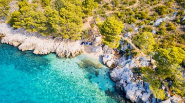 A drone captured the stunning aerial view of Croatia's coastal area, which features crystal-clear blue water and lush forests on land.