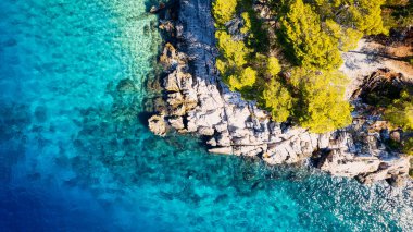 A drone captured the stunning aerial view of Croatia's coastal area, which features crystal-clear blue water and lush forests on land.