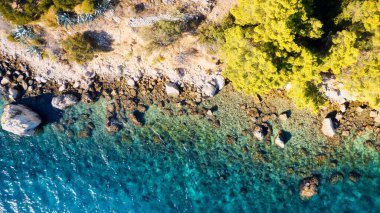 Marvel at the stunning aerial perspective of Croatia's Makarska Riviera, displaying a rocky beach and the captivating turquoise water.