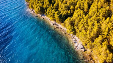 Marvel at the stunning aerial perspective of Croatia's Makarska Riviera, displaying a rocky beach and the captivating turquoise water.