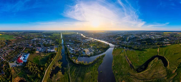 From the vantage point of a drone, a panoramic photo of the Warta River near Gorzw Wlkp