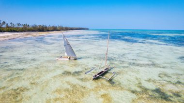 Zanzibar 'ın tropik cenneti güneş doğarken kumlu sahilde dinlenen balıkçı teknelerinin hava manzarasıyla canlanır. Manzarada berrak mavi sular, bereketli palmiye ağaçları ve uzakta bir yat bulunur..