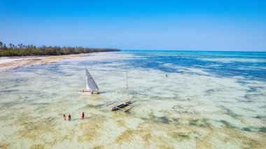 Zanzibar 'ın tropik cenneti güneş doğarken kumlu sahilde dinlenen balıkçı teknelerinin hava manzarasıyla canlanır. Manzarada berrak mavi sular, bereketli palmiye ağaçları ve uzakta bir yat bulunur..