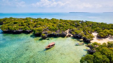 Zanzibar 'ın tropikal kıyılarının yukarıdan görünen görüntüsünde balıkçı tekneleri, yatlar ve açık mavi deniz ve yemyeşil palmiye ağaçları önünde uzanan kumlu bir sahil görülüyor..