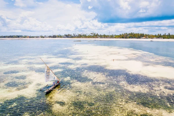 Tropický Ráj Zanzibaru Ožívá Tomto Vzdušném Pohledu Rybářské Čluny Odpočívající — Stock fotografie