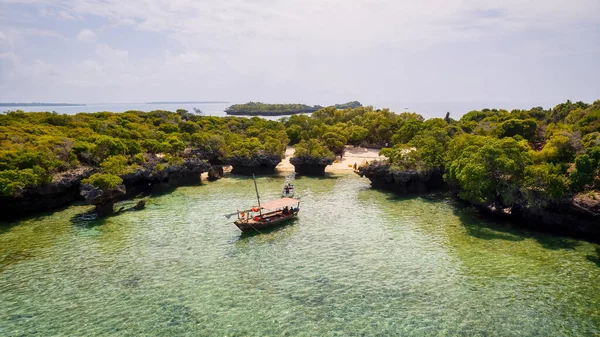 Take Breathtaking Beauty Zanzibar Tropical Coastline Fishing Boats Dot Sandy — Stock Photo, Image