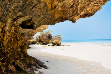 Zanzibar Adası nefes kesen çarpıcı bir tropik plaja ev sahipliği yapar. Beyaz kum, palmiye ağaçları ve kristal berraklığında turkuaz sular ılık bir yaz gününde yumuşacık bulutlarla mavi gökyüzüne karşı kusursuz bir şekilde harmanlanır., 