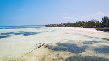 Zanzibar Adası nefes kesen çarpıcı bir tropik plaja ev sahipliği yapar. Beyaz kum, palmiye ağaçları ve kristal berraklığında turkuaz sular ılık bir yaz gününde yumuşacık bulutlarla mavi gökyüzüne karşı kusursuz bir şekilde harmanlanır., 