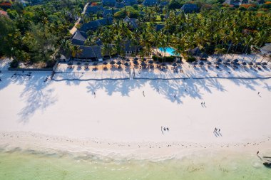 Güneşli bir yaz gününde, bulutları kabarık, güzel mavi bir gökyüzüne karşı uzanan Zanzibar Adası 'nın tropikal plajı görülmeye değer bir manzaradır. Beyaz kum, palmiye ağaçları ve kristal berraklığında turkuaz sular birleşerek rahatlatıcı bir zemin oluşturuyor. 