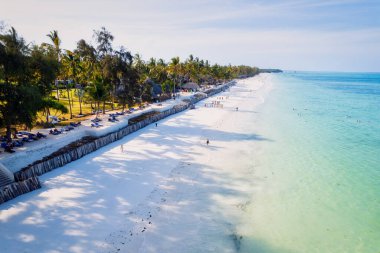 Güneşli bir yaz gününde, bulutları kabarık, güzel mavi bir gökyüzüne karşı uzanan Zanzibar Adası 'nın tropikal plajı görülmeye değer bir manzaradır. Beyaz kum, palmiye ağaçları ve kristal berraklığında turkuaz sular birleşerek rahatlatıcı bir zemin oluşturuyor. 