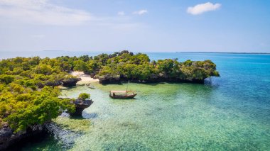 Güneşli bir yaz gününde, bulutları kabarık, güzel mavi bir gökyüzüne karşı uzanan Zanzibar Adası 'nın tropikal plajı görülmeye değer bir manzaradır. Beyaz kum, palmiye ağaçları ve kristal berraklığında turkuaz sular birleşerek rahatlatıcı bir zemin oluşturuyor. 