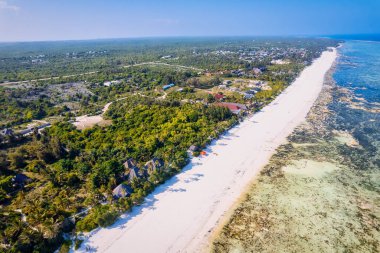 Beyaz kumlu, sallanan palmiye ağaçları ve berrak turkuaz sularıyla güneşli bir yaz gününde mavi gökyüzü ve kabarık bulutları olan tropikal bir cennete kaçmak. Zanzibar Adası en iyisi. 