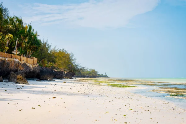 桑给巴尔岛是一个令人惊叹的热带海滩的故乡 它肯定会让你屏住呼吸 在温暖的夏日里 洁白的沙滩 棕榈树和清澈的碧绿海水完美地交织在蓝天和蓬松的云彩之间 — 图库照片