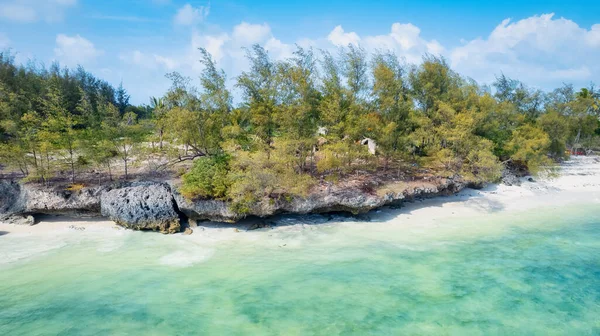 桑给巴尔岛拥有一个迷人的热带海滩 在阳光明媚的夏日 蓝蓝的天空和蓬松的云朵的背景下 拥有白色的沙子 棕榈树和碧绿的海水 这个风景如画的环境非常适合轻松度假 — 图库照片
