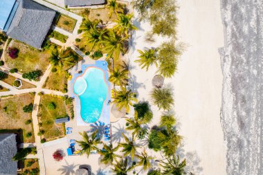 Yukarıdan bakıldığında Zanzibar 'ın kumlu plajlarının nefes kesici güzelliği görülebiliyor. Palmiye ağaçları, şemsiyeler, beyaz kumlar ve Hint Okyanusu' nun kristal gibi berrak sularıyla bezenmiş..