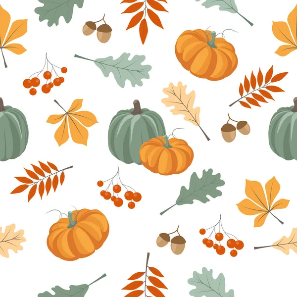 Бесшовный Осенний Узор Тыквами Рябинами Желудями Листьями — стоковый вектор