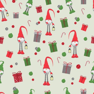 Geleneksel renklerde, vektör eliyle çizilmiş Noel Gnomes illüstrasyonuyla mutlu noeller..