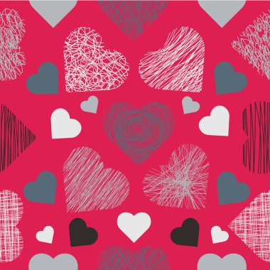 Kırmızı arkaplanda kalpleri olan vektör deseni