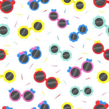 Beyaz arka planda parlak çocuk gözlüğü olan kusursuz bir desen. Çocuk kıyafetleri, çocuk dokusu, yaz için harika bir baskı.