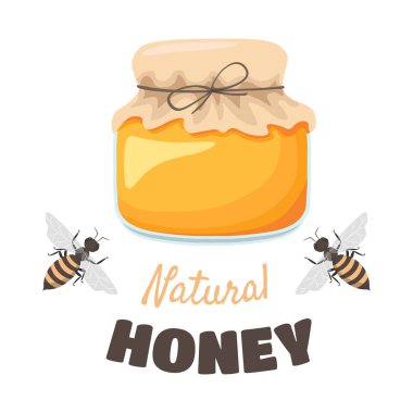 Doğal bal, bir kavanoz bal,% 100 bal, arılar, arıcılık, bal arısı kovanları, organik arı ürünleri. Vektör düz kümesi